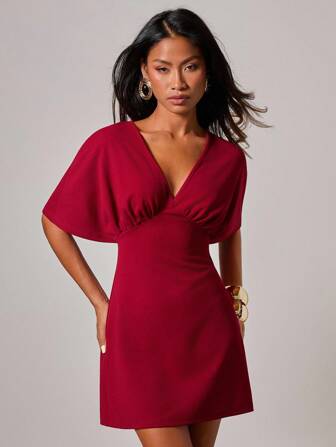 COSMINA Women's Solid Color V-Neck Batwing Short Sleeve Sexy Fashion Mini Dress,Elegant Dresses For Women