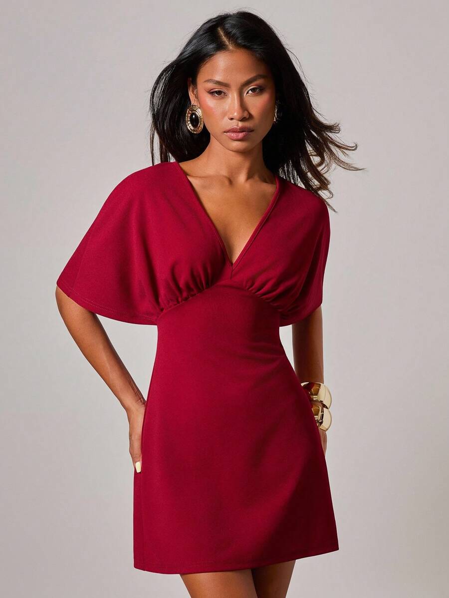 COSMINA Đầm ngắn tay cánh dơi cổ chữ V màu trơn gợi cảm thời trang cho nữ - Đỏ - Xem 1