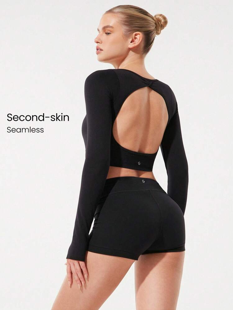 Second-Skin Seamless Crossover Open Back Scoop Neck Cropped Long-Sleeve Top With Thumbholes Low Impact Yoga Pilates Studio Daily Casual Wear Removable Cups