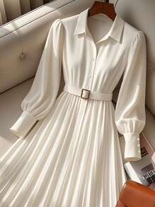 Franclia Waist-Cinching Flattering Long Sleeve Cinched Waist Pleated Button Up Shirt White Belt  Dress Fall Clothes For Women,Business Casual Outfits Women ,Wedding Guest Dress Women