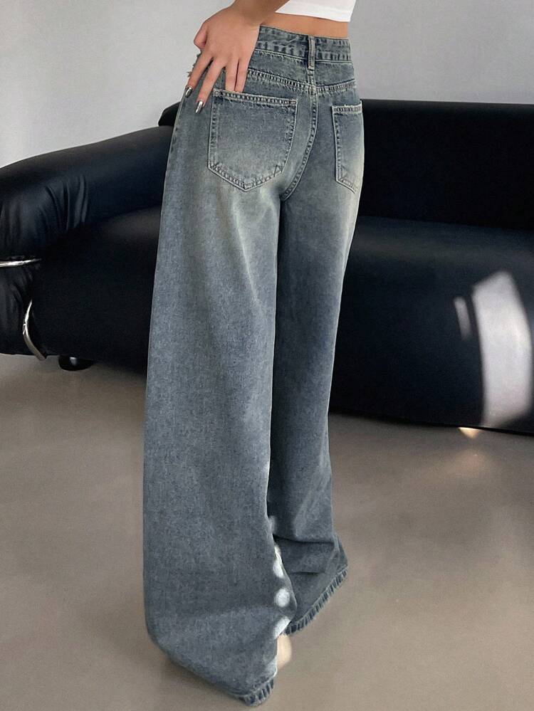 Women's TALL Distressed Decor Loose Straight Leg Jeans, Casual Street Style Pants