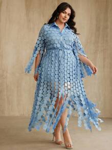 Anewsta Plus Size Women's Summer Long Dress, 3/4 Sleeve, Blue Circular Pattern, A-Line Elegant Shirt Dress