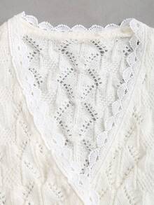 Sweetra French Hollow Lace Trim V-Neck Lantern Sleeve Slim Fit Knit Sweater For Women - White - View 4