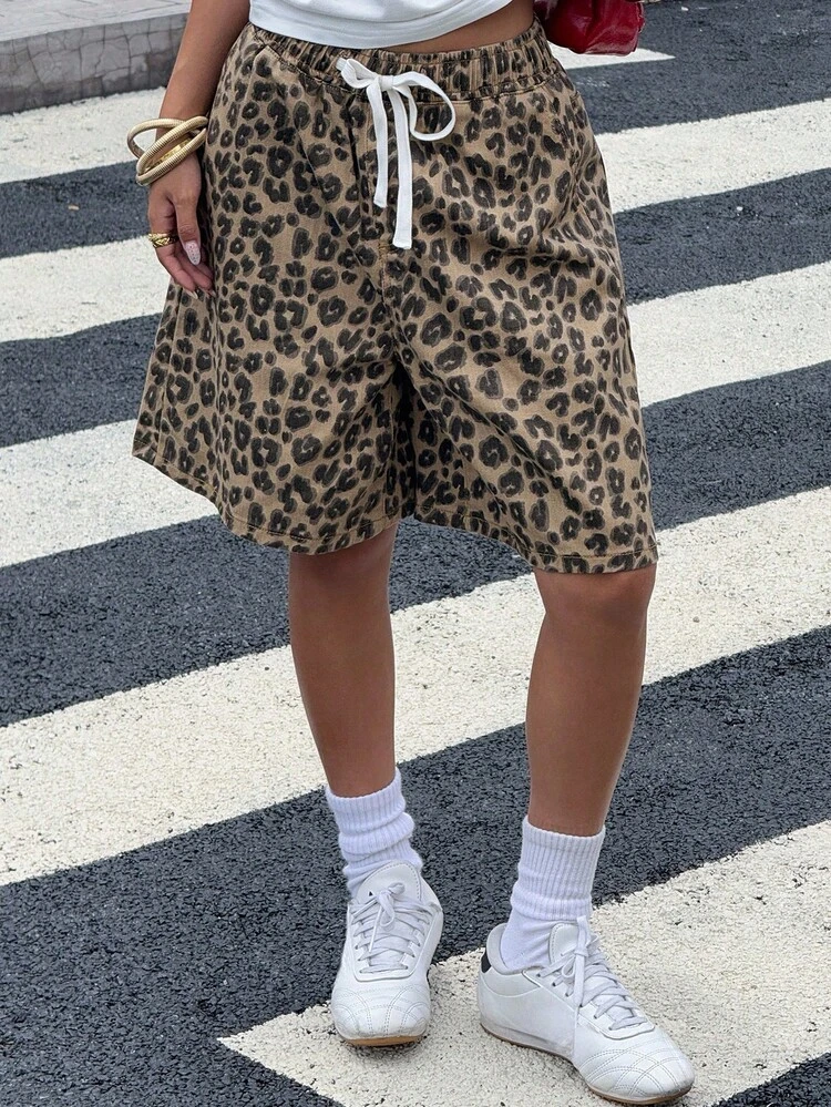 Women's Summer Leopard Print Tie-Up Denim Shorts Jorts