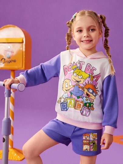 Nick 90s | SHEIN Set de 2 piezas con sudadera con capucha de manga larga con gráfico de dibujos animados lindos y bloques de color, y shorts holgados de punto para niña joven