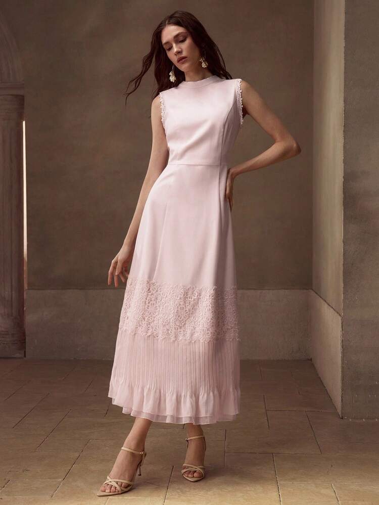 SOLID LACE PANEL PLISSE LAYERED HEM SLEEVELESS LONG DRESS