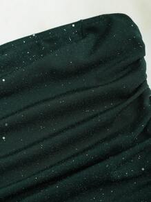 Sweetra 全新闪亮面料优雅通勤休闲蛋糕下摆露肩束腰迷你连衣裙，夏季 - 墨綠色 - 查看 3