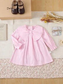 SHEIN 3M-3Y 女婴粉色公主裙，甜美优雅简约可爱风格，柔软舒适的面料，蝴蝶结装饰，泡泡袖，A 字裙，宽松易穿，适合春夏秋季、生日派对、拍照、上学、郊游 - 粉色 - 查看 1