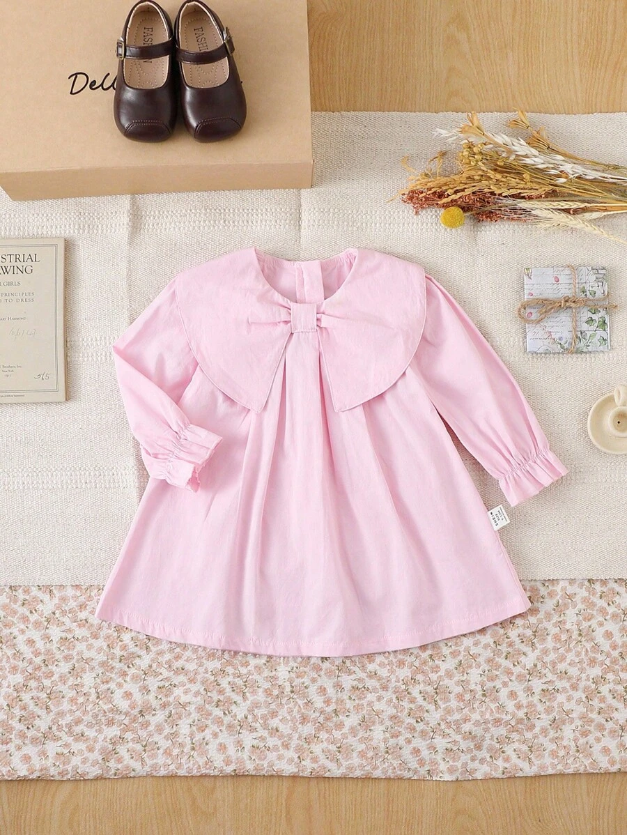SHEIN 3M-3Y 女婴粉色公主裙，甜美优雅简约可爱风格，柔软舒适的面料，蝴蝶结装饰，泡泡袖，A 字裙，宽松易穿，适合春夏秋季、生日派对、拍照、上学、郊游 - 粉色 - 查看 1