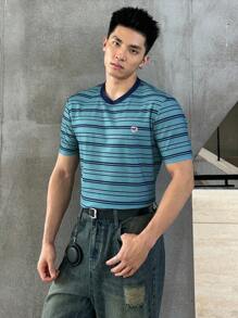 ESTAVOR Áo thun nam cổ tròn tay ngắn dệt kim kẻ sọc thời trang, phù hợp cho mùa hè - Nhiều màu - Xem 5