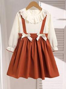 SHEIN 年轻女孩撞色荷叶边优雅长袖连衣裙 - 彩色 - 查看 7