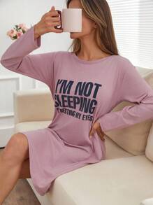 EURMUSE Damska sukienka piżamowa z okrągłym dekoltem i długim rękawem w kontrastowym kolorze, z napisami i nadrukiem - Jasnofioletowy - Zobacz 7