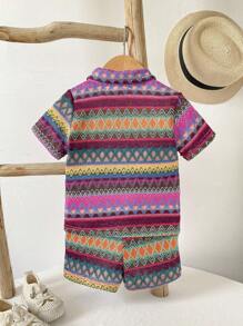 SHEIN 2 件套春夏新款休闲风格纯色提花纹理纽扣口袋领衬衫和松紧腰褶皱短裤搭配舒适男婴服装、儿童服装、幼儿服装、婴儿服装、幼儿外套、幼儿短裤、6M-3T - 彩色 - 查看 2