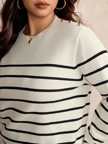 Elaquor 大码女式条纹圆领长袖休闲套头毛衣，航海风，白色衬衫，春季女装 - 米色 - 查看 8