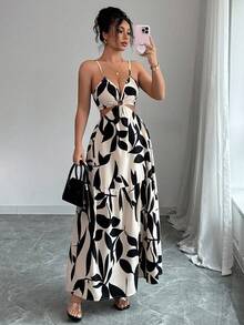 SHEIN PETITE 女士新款镂空蝴蝶结印花长裙，度假风格 - 杏色 - 查看 8