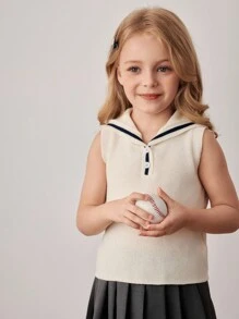 PrepCrw Young Girls' Sleeveless Knitted Vest With Navy Collar Girls Uniform Dress Toddler Girl School Uniform Girls School Clothes Kids Pleated Skirt Sets Girls Sailor Top,In Fall/Winter - Multicolor - View 6