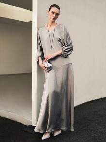 Uhlyne 女士休闲度假通勤纯色 V 领宽松弹力七分袖连衣裙，秋季 - 灰色 - 查看 8