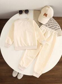 SHEIN Explorewe 2pcs/Set Young Girls Jacquard Knit Long Sleeve Casual Crew Neck Top And Elastic Cuff Pants Set, Autumn/Winter - Apricot - View 2