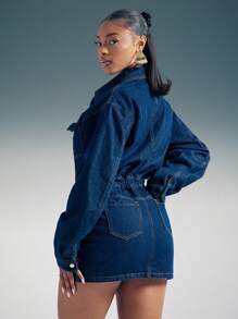 Denimoi Cinched Denim Flap Pocket Snap Button Denim Mini Dress - Dark Wash - View 4