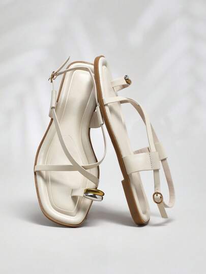 SHUZIA 女士时尚舒适金属趾环一脚蹬凉鞋