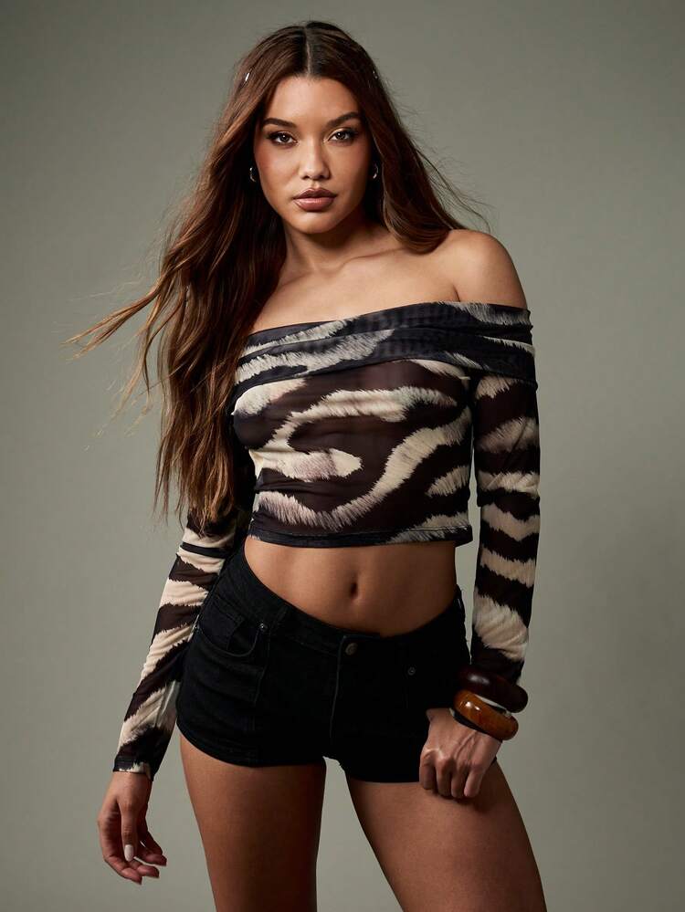 MISSGUIDED Off Shoulder Zebra Print Long Sleeve Crop Top Mesh Panel Party Evening Occasion Fall Winter Fashion Statement Animal Print Semi Sheer Fitted Blouse Club Night Out