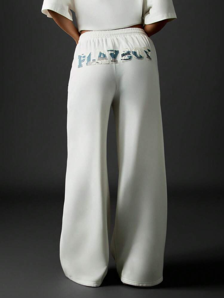 Missguided x Playboy Wide Leg Sweatpants With Logo And Text Loungewear Comfort Elastic Waist Drawstring Cozy Casual Home Fall Winter Pants