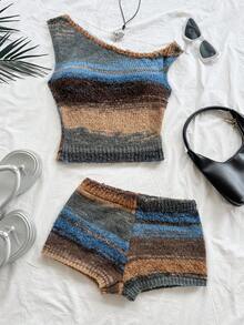 Dreamara Women's Plus Size New Gradient Knit Yarn Oblique Shoulder Two Pieces Set, Suitable For Afternoon Tea, Beach, Seaside, Etc. - Multicolor - View 4