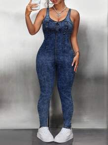 SHEIN ICON 大码女式紧身休闲百搭牛仔连体裤 - 藍色 - 查看 5