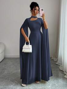 Elenzga Váy đi biển phong cách Pháp lãng mạn thanh lịch dành cho nữ, vải voan mỏng, cổ khoét sâu, dây buộc chéo sau lưng, chân váy maxi xòe, tay dài, xẻ tà, thích hợp cho tiệc trà chiều, tiệc tùng, phong cách Trung Đông, xuân/hè - Màu xanh hải quân - Xem 8