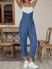 EMERY ROSE New Style Women's Denim Overalls Suspenders Loose Straight Jumpsuit Side Pockets And Jumpsuit Blue Jumpsuit Fall Women Clothes Back To School Halloween Going Out Cargo Pants Women Women Denim Jumpsuit Blue Jean Jumpsuit Women Summer Jumpsuit - Medium Wash - View 2