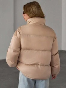 EURMUSE Women's Solid Color Long Sleeve Zipper Front Loose Casual Winter Jacket - Beige - View 2