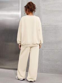 SHEIN 少女两件套杏色圆领针织衫长袖宽松补丁上衣和阔腿裤休闲家居服套装 - 杏色 - 查看 2