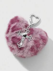 ROMWE Kawaii 1 件 Y2K 复古朋克时尚高端人造毛皮豹纹 3D 铆钉心形水晶镂空十字架 DIY 钥匙扣包饰，适合女性、日常穿着、节日礼物 - 玫紅色 - 查看 3