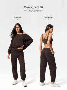 GLOWMODE Pantaloni de trening simpli din fleece de 30'', model casual, cu croială supradimensionată, cu talie reglabilă și șnur, pentru zi și zi, stil casual - Maro ciocolata - Vizualizare 2