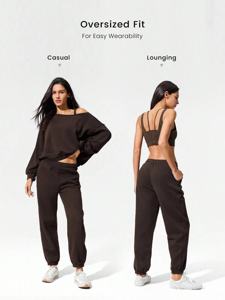 30" Pantalones jogger básicos de felpa con ajuste oversize, cintura con cordón ajustable y bolsillos laterales, para uso diario y casual