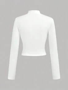 SHEIN Girlism Teen Girls Casual Elastic Half-Zip V-Neck Snug Fit Long Sleeve Tee, Basic Essential Autumn Winter Outerwear Fall - White - View 2