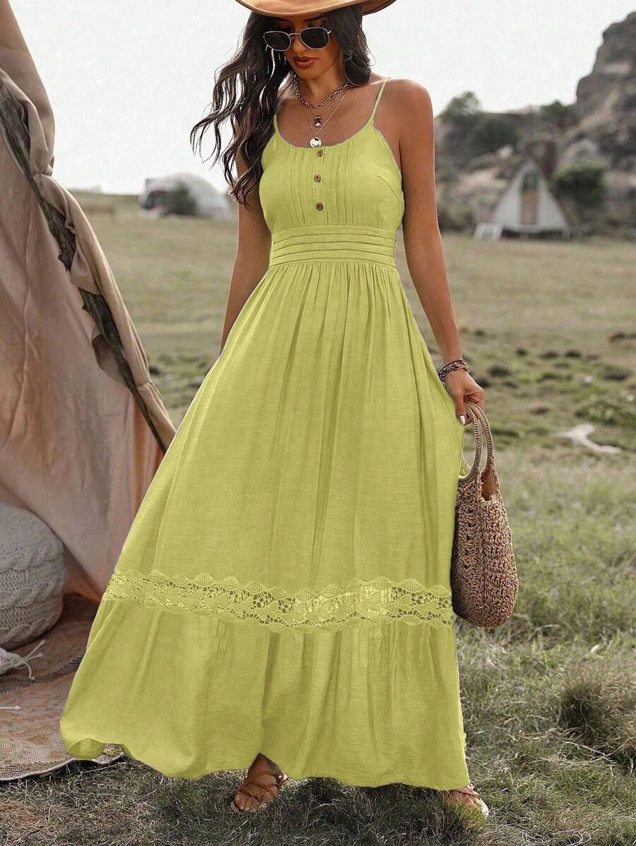 Breezaya Váy yếm ren xếp nếp viền tương phản cho nữ mùa hè, váy maxi đi biển mùa hè - Màu Mù tạt vàng - Xem 1