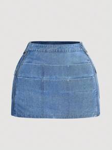 SHEIN MOD Plus Size Women's Casual Non-Stretch Denim Mini Skirt, Summer - Blue - View 3