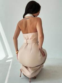 Firerie Women's Elegant Casual Commute Office Wear Fashion Versatile Khaki Shirt Collar 2 In 1 Sleeveless Tie-Waist Open Back A-Line Dress, Summer Outfit, Retro Style - Khaki - View 3