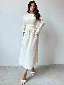 Firerie 女式朴素杏色优雅度假不对称领口垂坠露肩不对称无袖连衣裙，适合春夏秋冬，沙滩装，机场装，度假装，教师装 - 杏色 - 查看 4