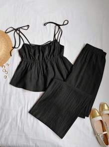 SHEIN EZwear 2件套大码女式休闲黑色细肩带上衣和宽松裤子套装 - 黑色 - 查看 5
