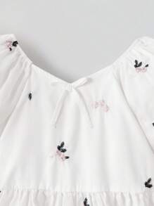 Maija Kids Maija Kids 年轻女孩花卉刺绣泡泡袖荷叶边下摆衬衫 - 白色 - 查看 5