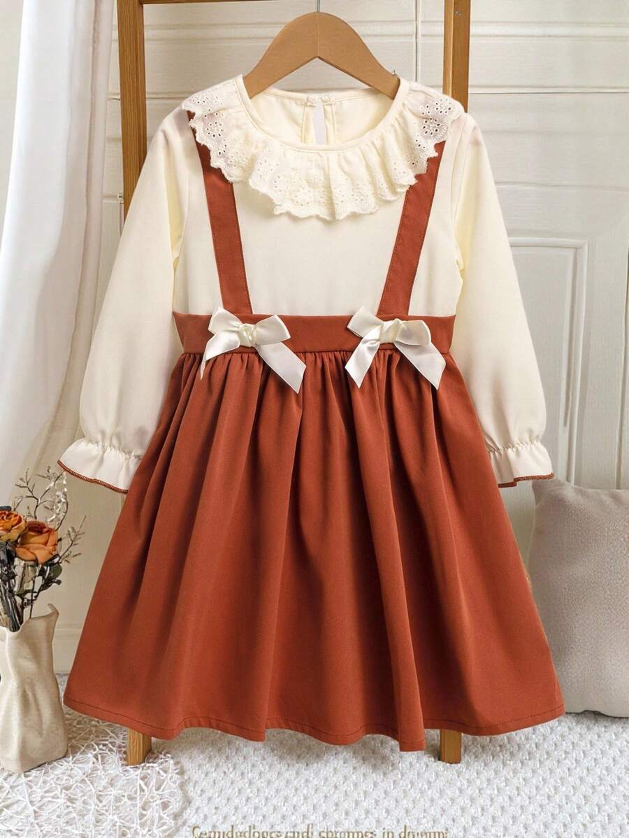 SHEIN 年轻女孩撞色荷叶边优雅长袖连衣裙 - 彩色 - 查看 1