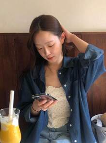 DAZY 女士分层设计独特牛仔衬衫、通勤休闲上衣、牛仔夹克、秋季女装 - 深色水洗藍 - 查看 5