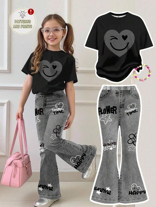 SHEIN Tween Girls Casual Loose Heart & Face Graffiti Print Short Sleeve Crew Neck T-Shirt And Flare Pants Set, Suitable For Summer Wear, Home, Outing, Street Photography, Campus Tween Girl Pants Set Flare Pants Set Kids Bell Bottom And Top Set For Tween Teen Girl Pants Set Girls Flare Jeans Set
