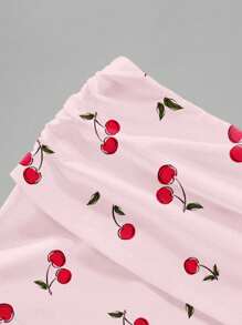 SHEIN Essnce Conjunto de 2 piezas de camiseta de tirantes de encaje con estampado de cerezas y shorts fruncidos, adecuado para el verano - Rosa - Ver 3
