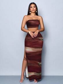 SOLERSUN 深红色波浪高弹优雅全身数码印花紧身性感外出时尚派对度假女士抹胸长裙套装 - 彩色 - 查看 5