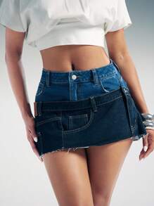Denimoi Stacked Waist Low Rise Raw Hem Denim Micro Mini Skirt - Dark Wash - View 5