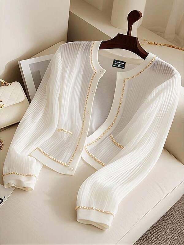 Franclia 2025 Early Autumn New French Pleated Women's Long Sleeve Gold Thread Round Neck Loose Thin Jacket All White Casual Outfits Spring Roupa Para A Universidade