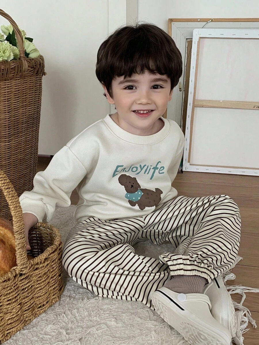 DAZY 2pcs Kids Fall Outfit, Young Boys Cartoon Graphic Fleece Sweatshirt And Striped Loose Casual Pants Set, Autumn, Winter - Apricot - View 1